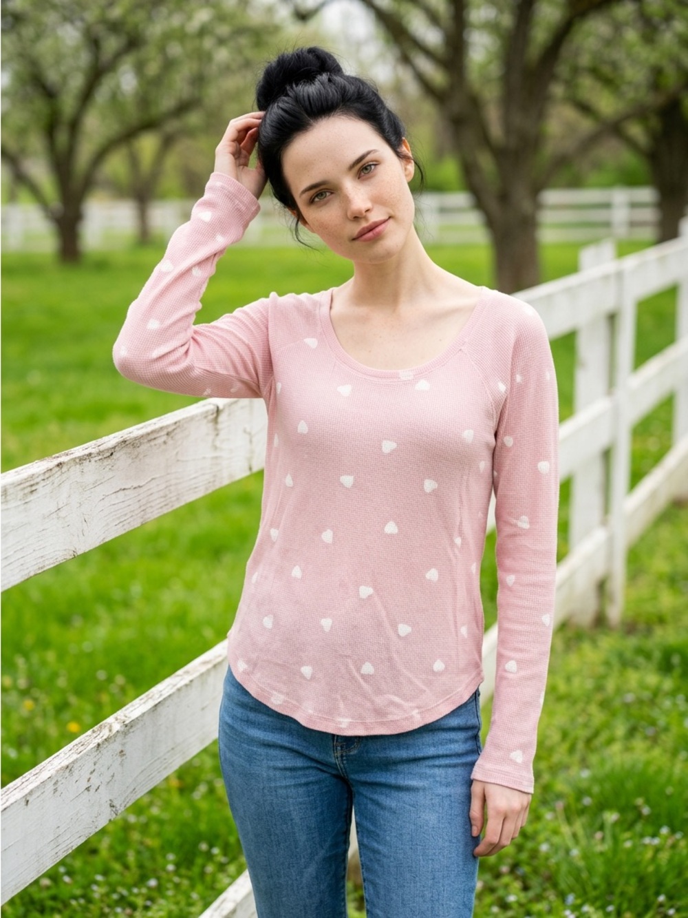 Lucky Brand Top Womens Med Seam Pink Hearts Waffle Knit LS Shirt $49